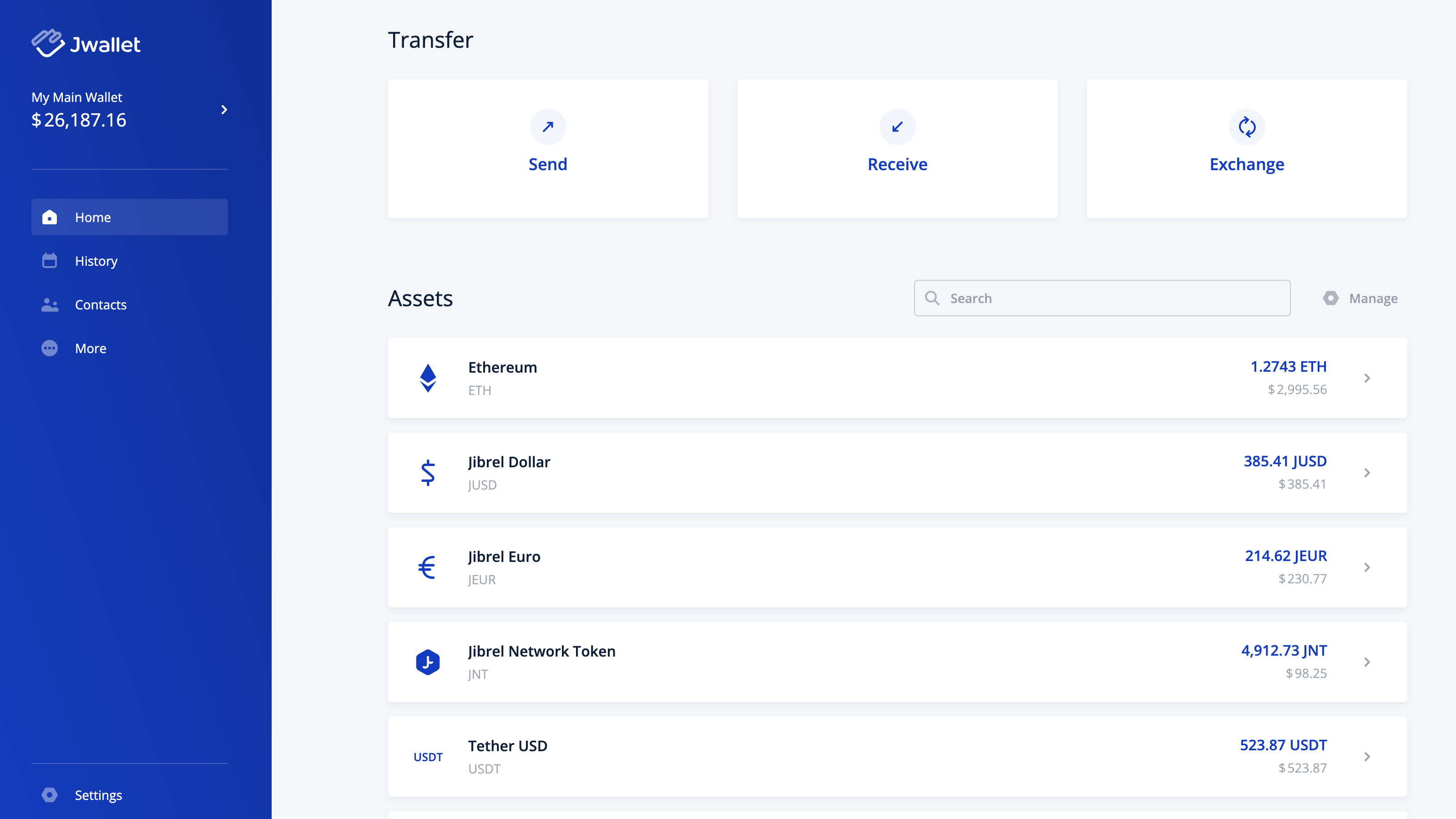 Jwallet main wallet dashboard (assets + primary actions), with synthetic data overlay.